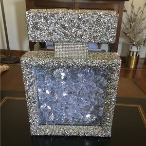 Crushed diamond rhinestone perfume bottle shadow box with fairy lights
